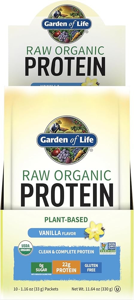 Organic Vegan Vanilla Protein Powder - Garden of Life 22g Complete Plant Based Raw Protein & BCAAs Plus Probiotics & Digestive Enzymes for Easy Digestion – Non-GMO Gluten-Free Lactose Free 10ct Tray