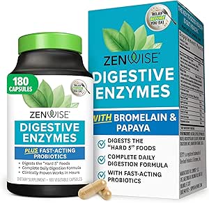 Zenwise Health Digestive Enzymes with Bromelain & Papaya - Multi Enzymes Digestion Supplement with Probiotics & Prebiotics for Gut Health, Gas & Bloating Relief - Men & Women - 180 Vegetarian Capsules