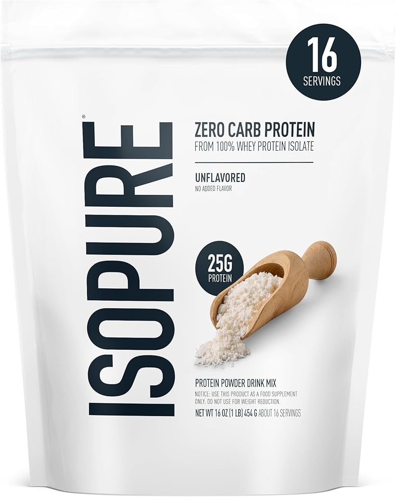 Isopure Zero Carb 100% Pure Whey Isolate Protein Powder, Gluten Free, with Vitamins, Unflavored, 25g Protein Per Serving, 1 Lb, 16 Servings