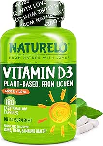 NATURELO Vitamin D - 5000 IU - Plant Based from Lichen - Natural D3 Supplement for Immune System, Bone Support, Joint...