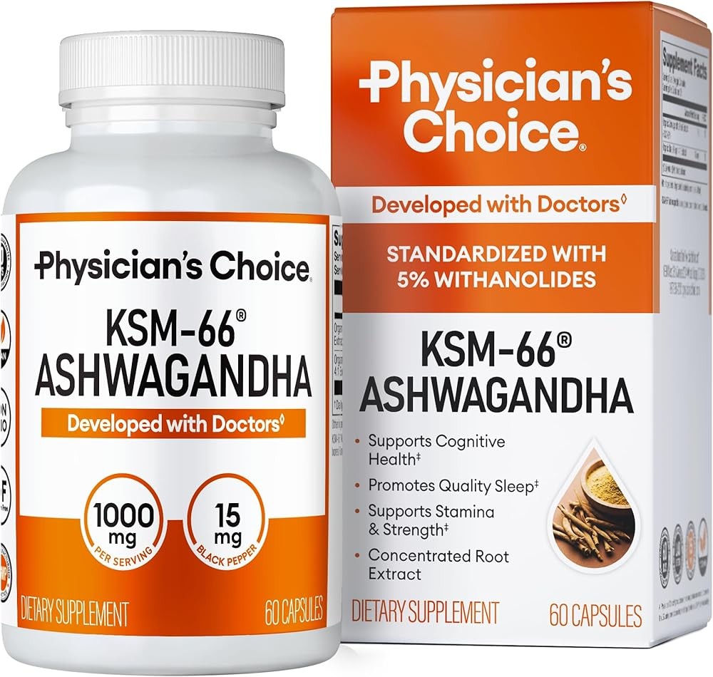 Physician's CHOICE KSM-66 Ashwagandha Root Powder Extract 1,000mg - Organic - with Black Pepper for Maximum Absorptio...