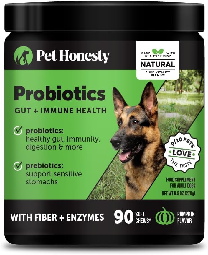 Pet Honesty Probiotics for Dogs - Digestive Enzymes Promotes Gut Health, Dog Probiotics for Bowel Support, Fiber for Regularity - 90 ct