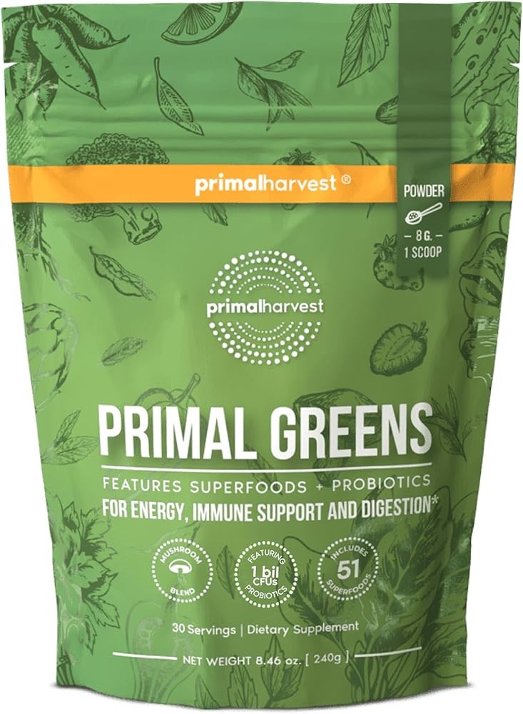 Primal Harvest Super Greens Powder, 30 Servings w/+50 Greens Superfood Chlorella