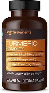 Amazon Elements Turmeric Complex, 316 mg Curcumin with Ginger and Black Pepper, Joint & Immune Support, 65 Capsules