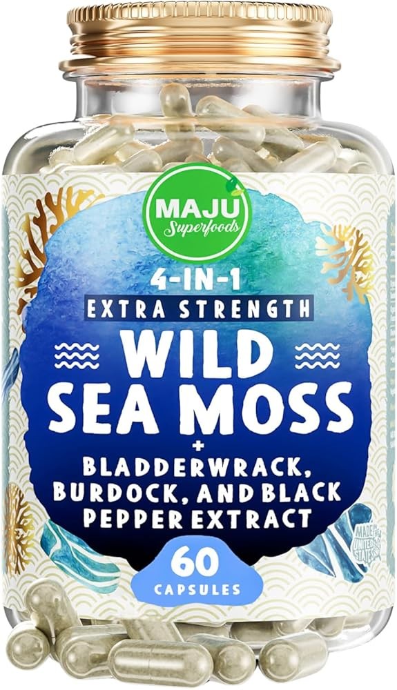 MAJU 4-in-1 Organic Sea Moss Capsules, Wild Chondrus Crispus, Seamoss w/Bladderwrack + Burdock Root, Stronger Than Ge...
