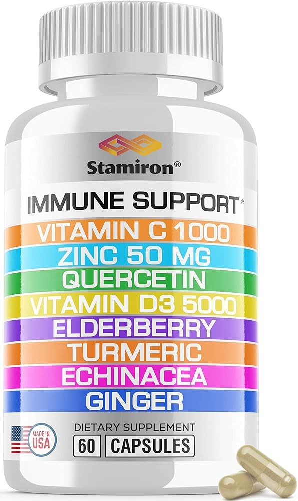 8 in 1 Immune Support with Quercetin Zinc 50mg Vitamin C 1000mg Vitamin D3 5000 IU and Elderberry Echinacea Ginger fo...