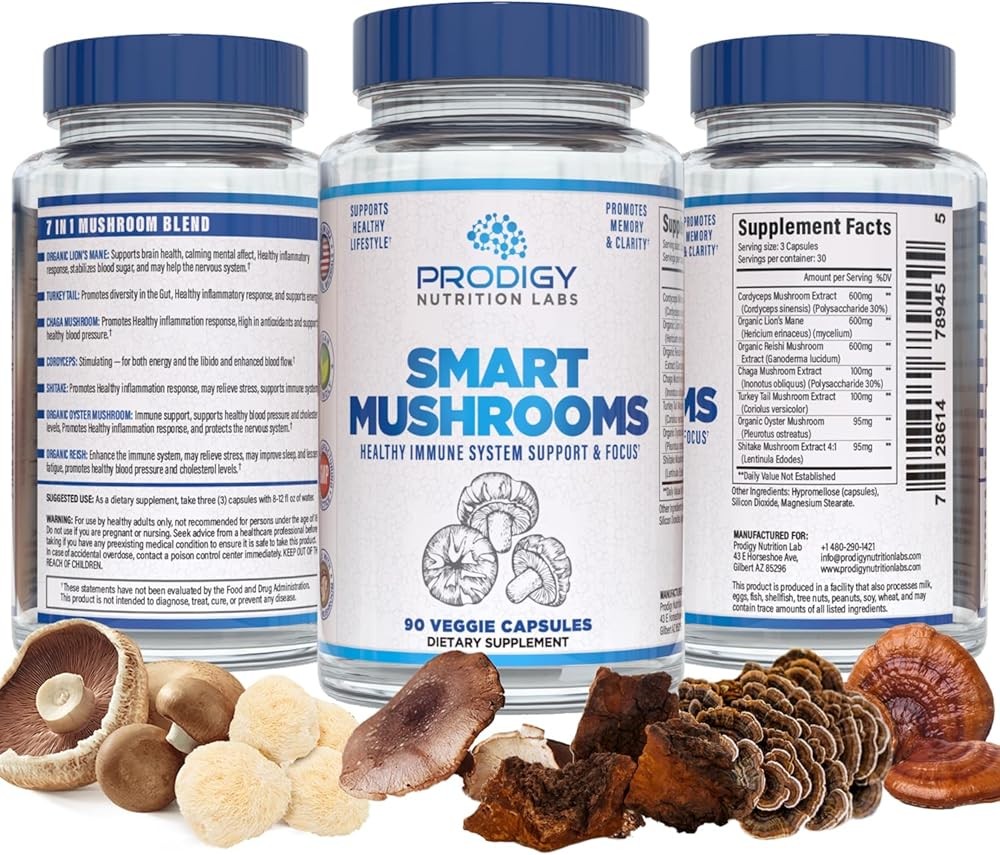 Smart Mushrooms Lions Mane, Turkey Tail, Cordyceps, & Reishi Nootropic Brain Supplement for Focus, Immune Booster, Na...