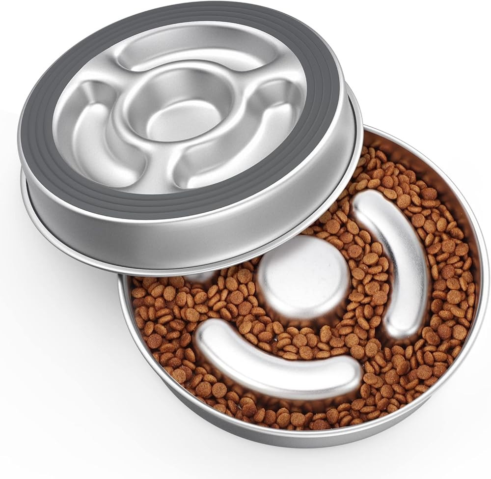 Stainless Steel Non Slip Slow Feeder Dog Bowl, 4 Cups Metal Dog Food Bowls for