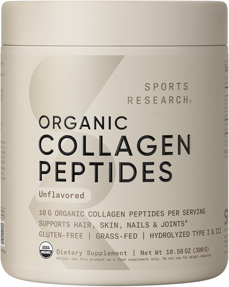 Sports Research Organic Collagen Peptides - Hydrolyzed Type I & III Collagen Protein Powder