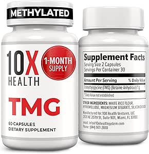 10X Health TMG Supplements - Trimethylglycine Supplement for Liver Support, Heart Wellness, Energy, Homocysteine Leve...