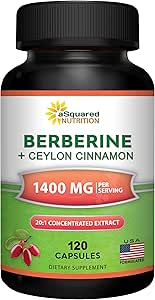aSquared Nutrition Berberine with Ceylon Cinnamon Supplement - 1400mg Max Strength Complex - 120 Capsules - 1200mg HC...