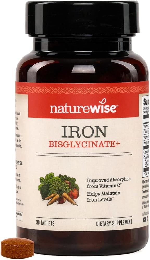 NatureWise Vegan Iron Supplement for Women & Men - Gentle on Stomach High Absorption - Coated Iron Bisglycinate Tablets