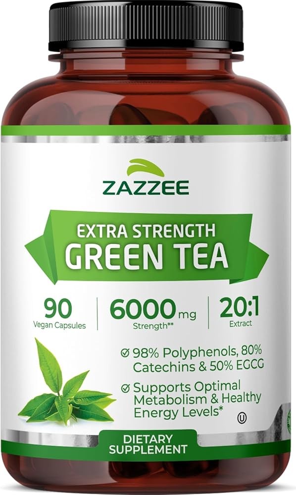 Zazzee Extra Strength Green Tea Extract 20:1, 6000 mg Equivalent, 50% EGCG, 98% Polyphenols, 80% Catechins, 90 Vegan ...
