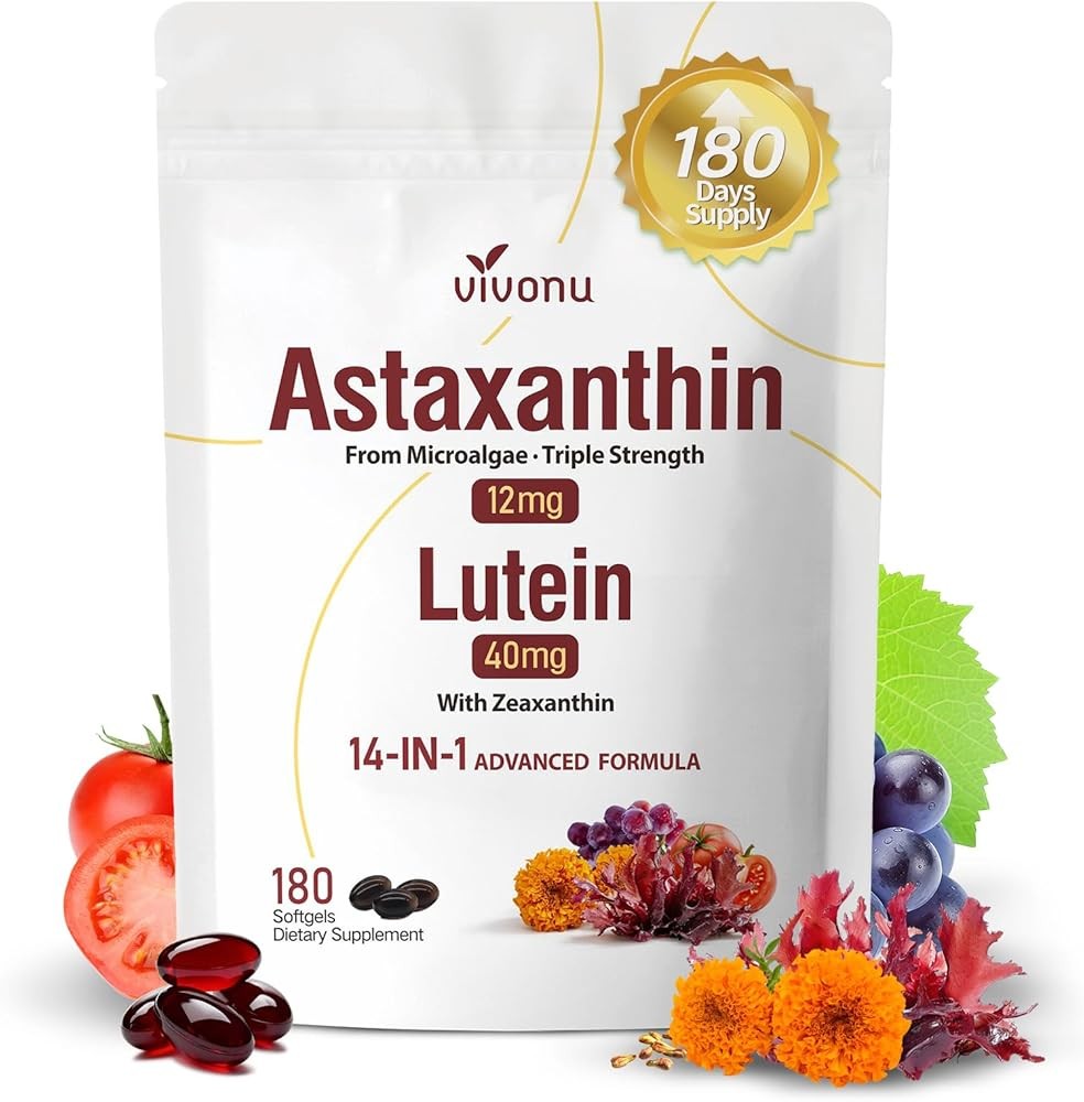 14-in-1 Astaxanthin 12mg & Lutein 40mg with Zeaxanthin Supplements, 6 Month Supply, Fresh Microalgae Source, Supports Eye, Skin, Antioxidant, Joint, Circulatory Health Non-GMO Gluten Free 180 Softgels